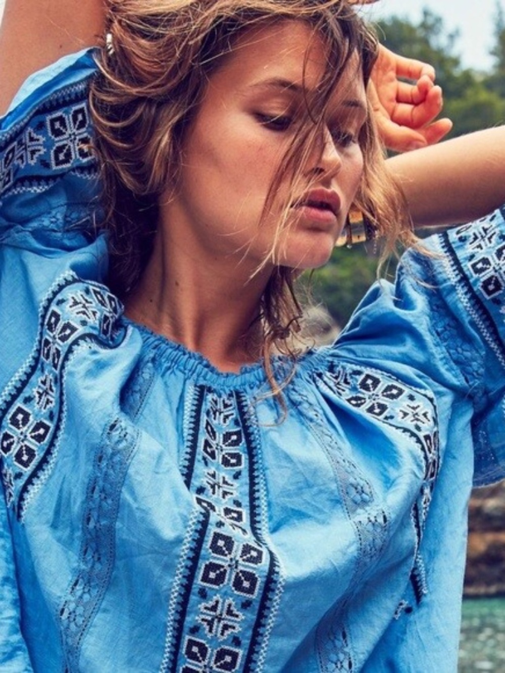 Love Shack Fancy Carrie Embroidered Off The Shoulder Top in Atlantic Size